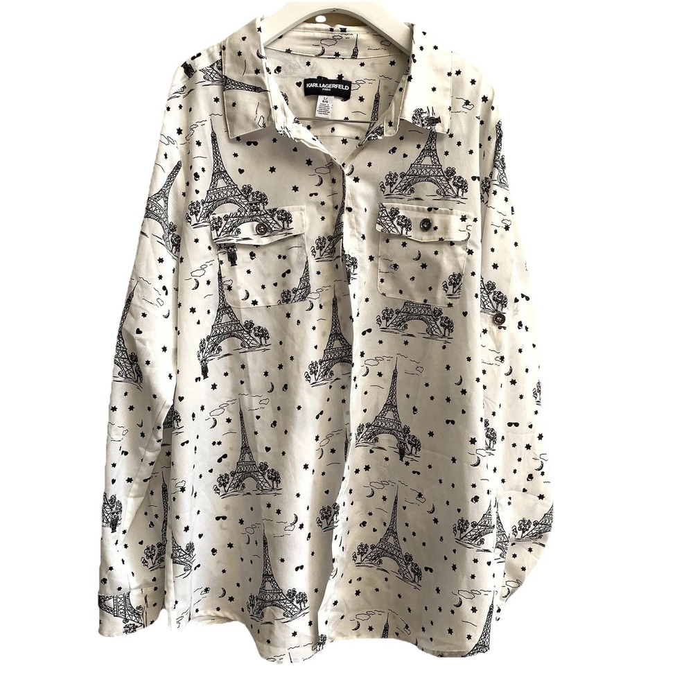 Karl Lagerfeld Women's White Button Up Blouse with Black Eiffel Tower Print SZ-L